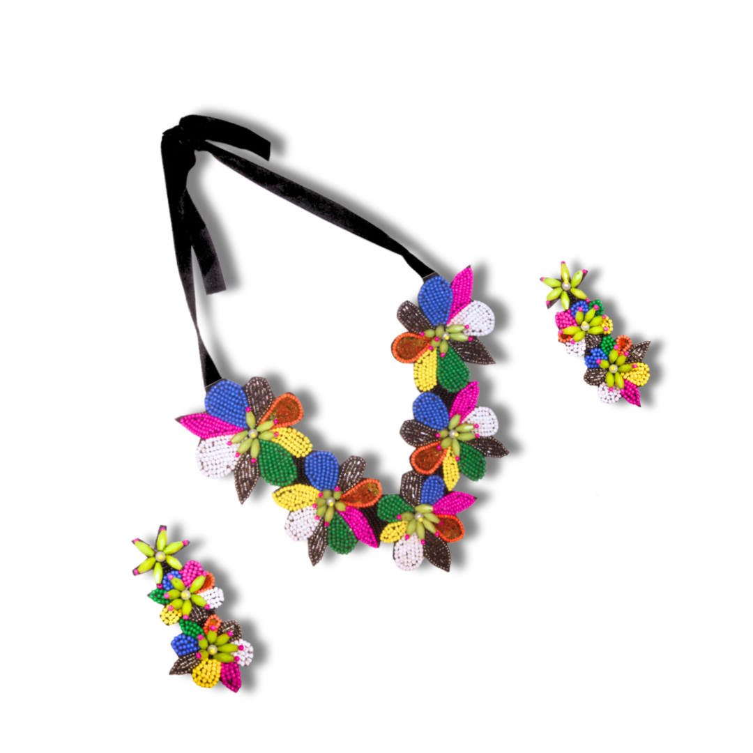 Colorful Beaded Statement Necklace & Earrings Set – Handmade Floral Jewelry for Women & Girls
