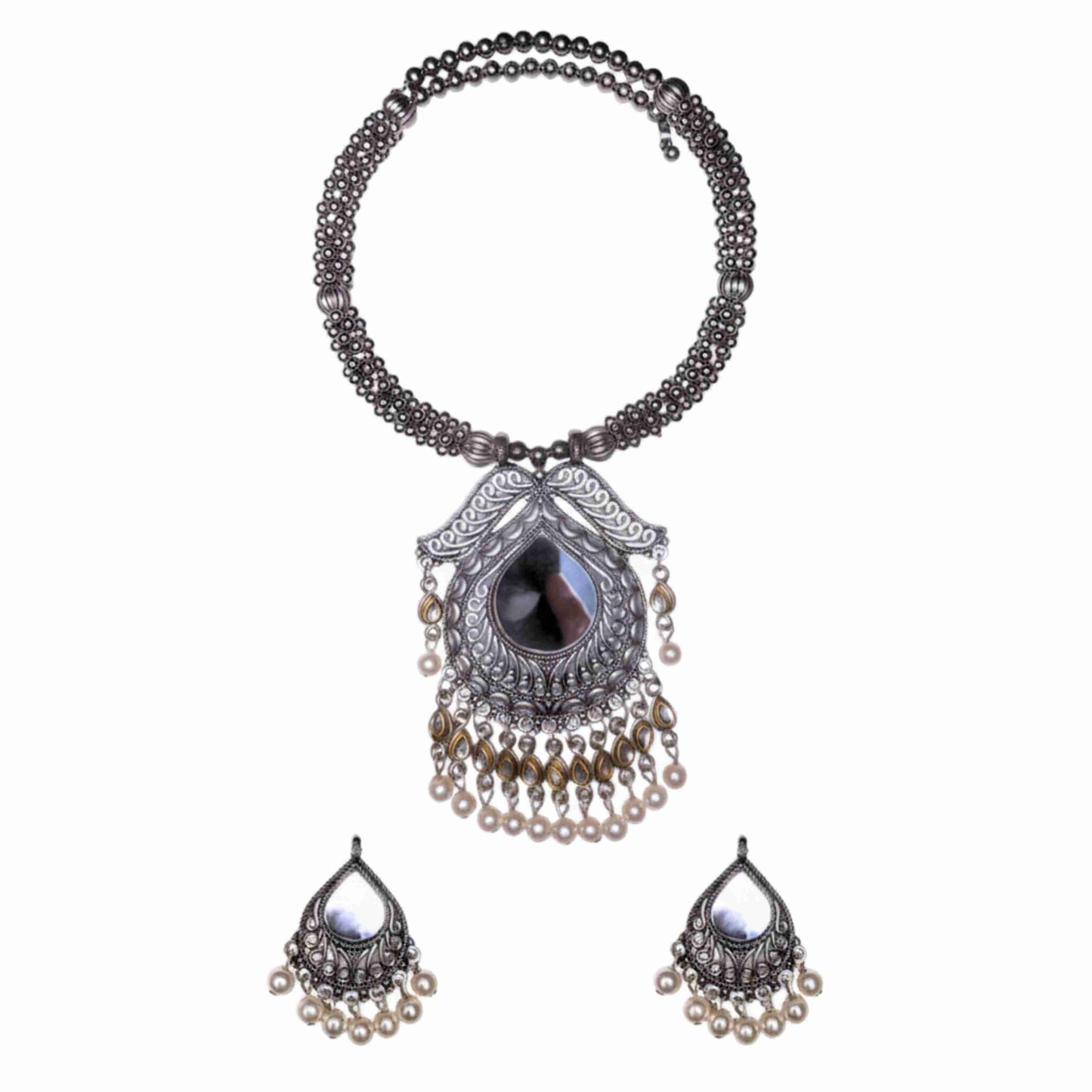Oxidised Mirror Jewellery Set, Antique Statement Necklace with Matching Earrings, Handmade Ethnic Bo