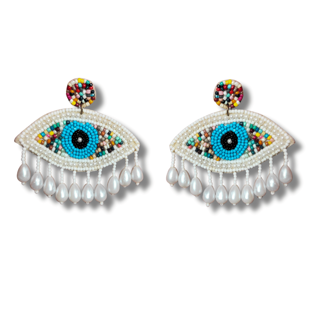Handcrafted Evil Eye Statement Earrings, Beaded Design with Pearl Drops, Turquoise and White