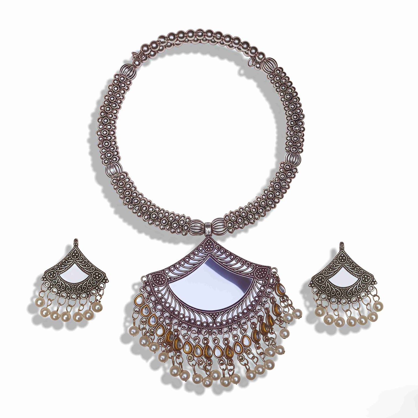 Oxidized Jewelry Set, Crescent Pendant Necklace & Earrings, Ethnic Handmade Design with Cabochon & P