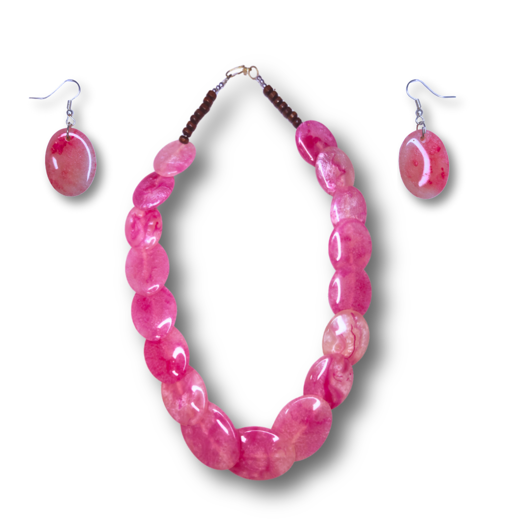 Pink Rose Quartz Necklace and Earring Set, Oval Beaded Design, Handcrafted Jewellery