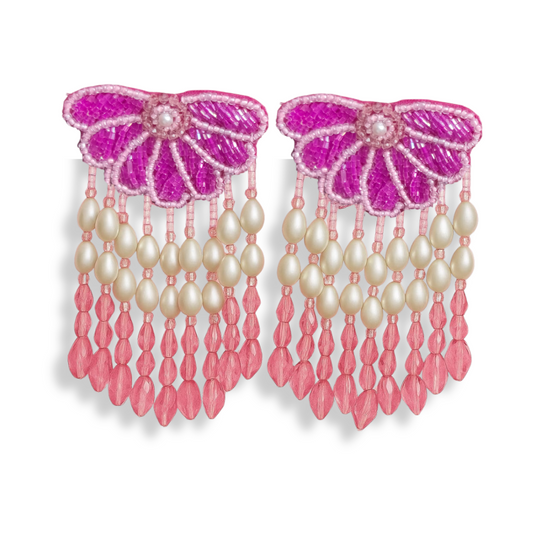Beaded Chandelier Earrings, Pink Flower Design with Pearl Drops, Crystal Dangle