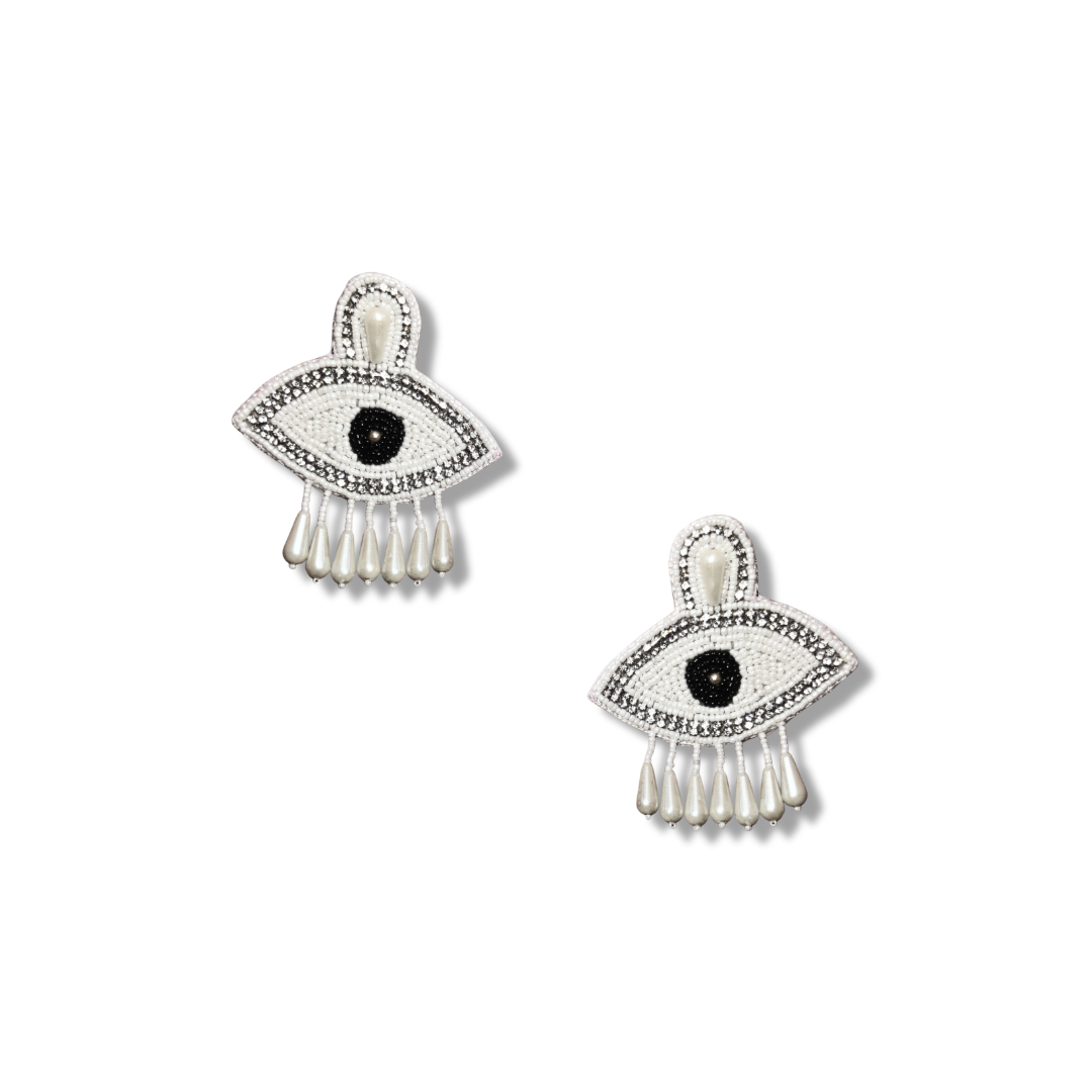 Beaded Evil Eye Statement Earrings with Crystal Rhinestones and Pearl Drop Tassels, White and Silver