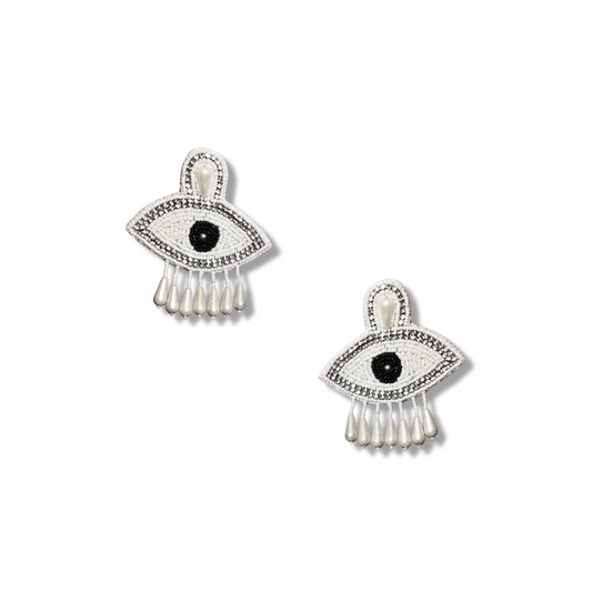 Beaded Evil Eye Statement Earrings with Crystal Rhinestones and Pearl Drop Tassels, White and Silver