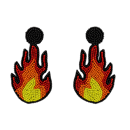 Beaded Fire Flame Statement Earrings, Handcrafted Design, Black and Gradient Orange-Yellow