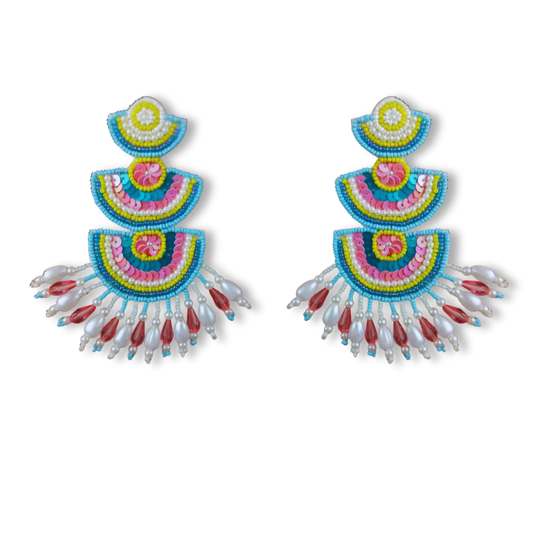 Beaded Statement Earrings, Turquoise Pink Design with Pearl Crystal Drops, Handmade