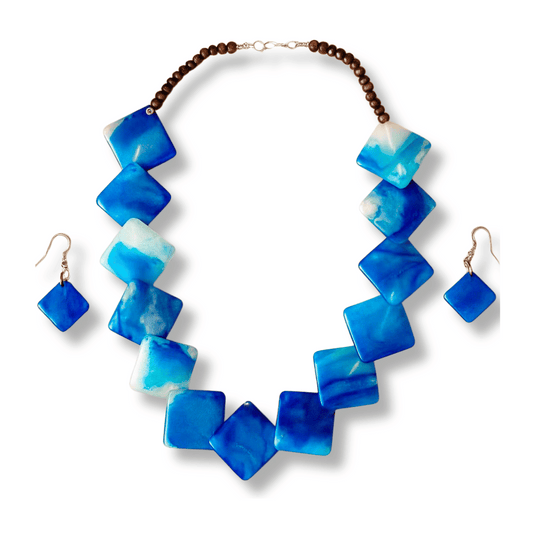 Blue Marble Effect Statement Necklace and Earrings Set, Square Resin Beads with Round Wooden Accents
