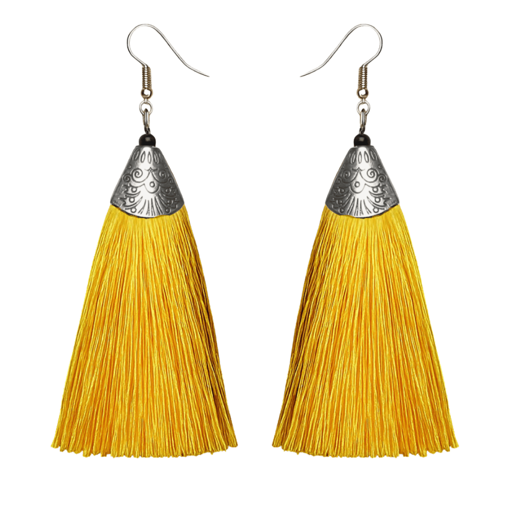 Bohemian Tassel Earrings, Bright Yellow with Silver Engraved Cap, Fish Hook Style (Yellow)
