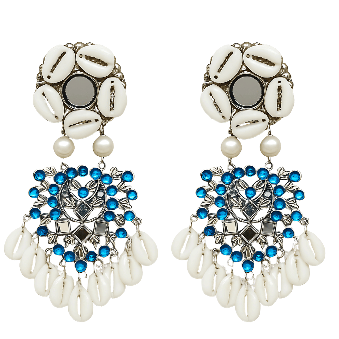 Boho Style Statement Earrings with White Cowrie Shells, Blue Crystal Beads and Pearl Drop, Silver To