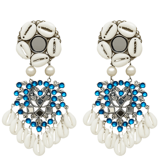 Boho Style Statement Earrings with White Cowrie Shells, Blue Crystal Beads and Pearl Drop, Silver To