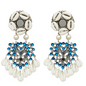 Boho Style Statement Earrings with White Cowrie Shells, Blue Crystal Beads and Pearl Drop, Silver To