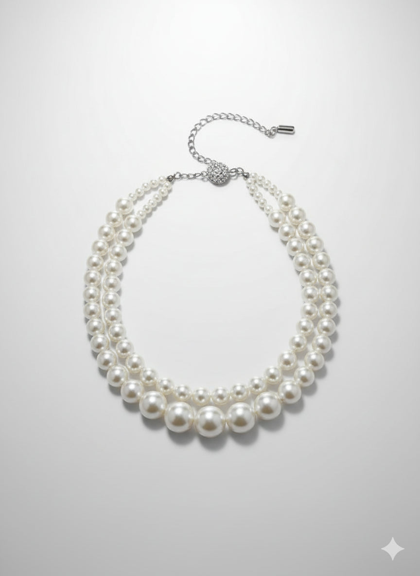 Double Strand Pearl Necklace and Earrings Set, White Faux Pearl, Adjustable Chain