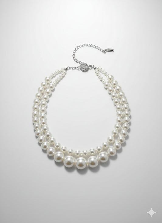 Double Strand Pearl Necklace and Earrings Set, White Faux Pearl, Adjustable Chain
