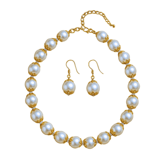 Pearl Necklace and Earrings Set, Golden Floral Caps, White