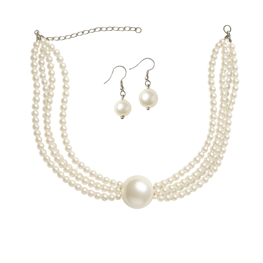 Pearl Necklace and Earrings Set, Multi-Strand Design with Centre Pearl, White