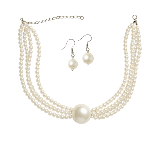 Pearl Necklace and Earrings Set, Multi-Strand Design with Centre Pearl, White