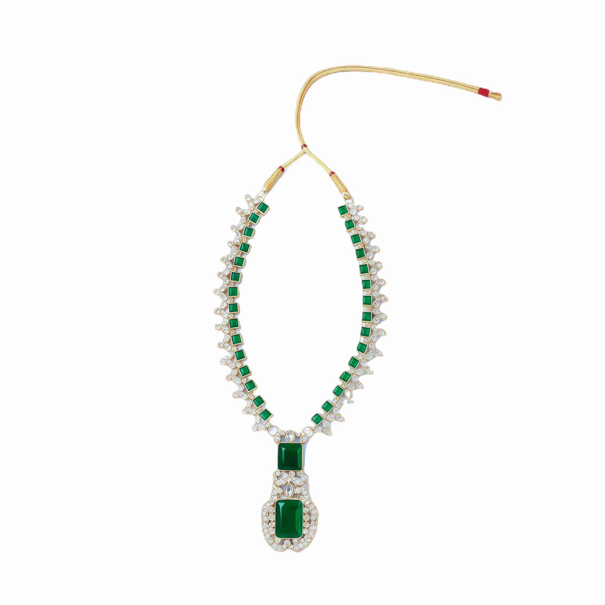 Emerald Green Glass Stone Necklace Set for Women, Bridal & Festive Jewelry, Adjustable Thread Closur
