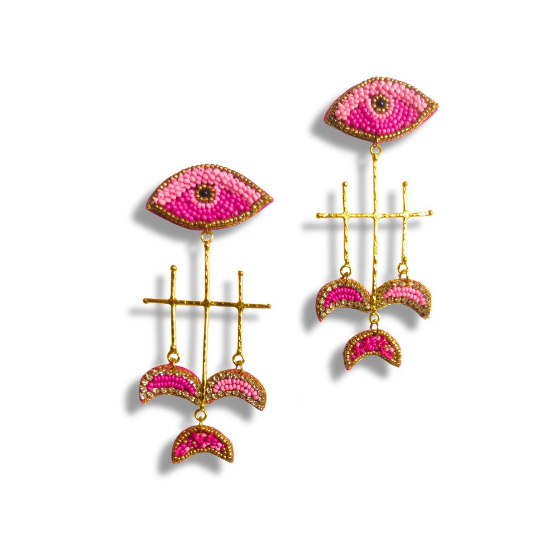 Handcrafted Beaded Eye Drop Earrings, Pink and Gold, Cross Design with Moon Charms