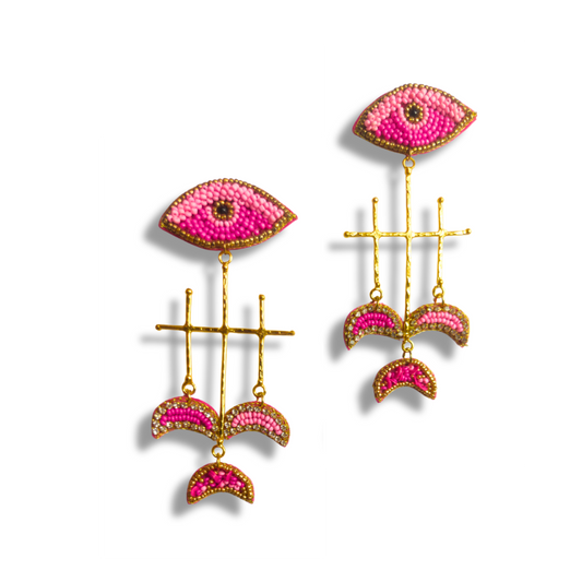 Handcrafted Beaded Eye Drop Earrings, Pink and Gold, Cross Design with Moon Charms