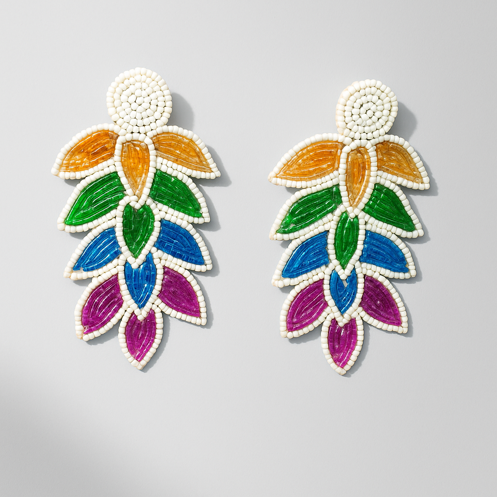 Handcrafted Beaded Leaf Drop Earrings, Multicolour Layered Design, Statement Jewellery