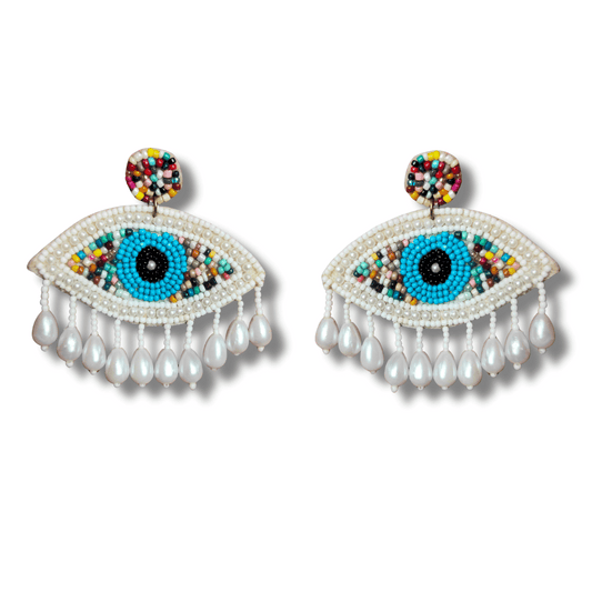 Handcrafted Evil Eye Statement Earrings, Beaded Design with Pearl Drops, Turquoise and White