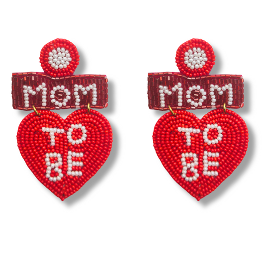 Mom To Be Earrings, Red Beaded Heart Dangle, Baby Shower Jewelry, Handmade Gift for Pregnant Women