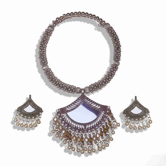 Oxidized Jewelry Set, Crescent Pendant Necklace & Earrings, Ethnic Handmade Design with Cabochon & P