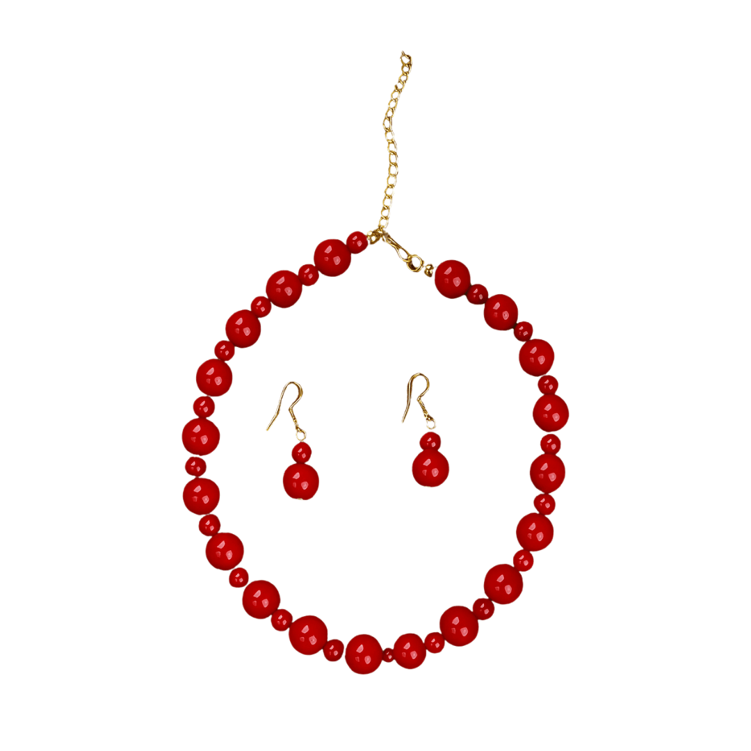 Red Beaded Necklace and Earrings Set, Gold-Tone Chain, Fashion Jewellery