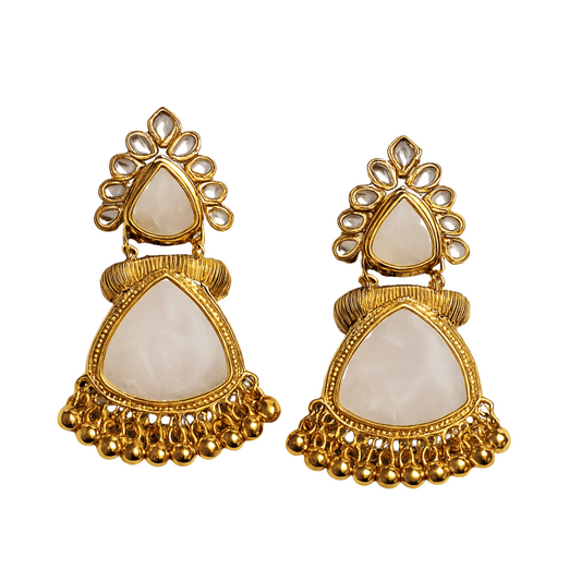 Traditional Kundan Pearl Drop Earrings, Gold-Toned Triangle Design, Ghungroo Beads