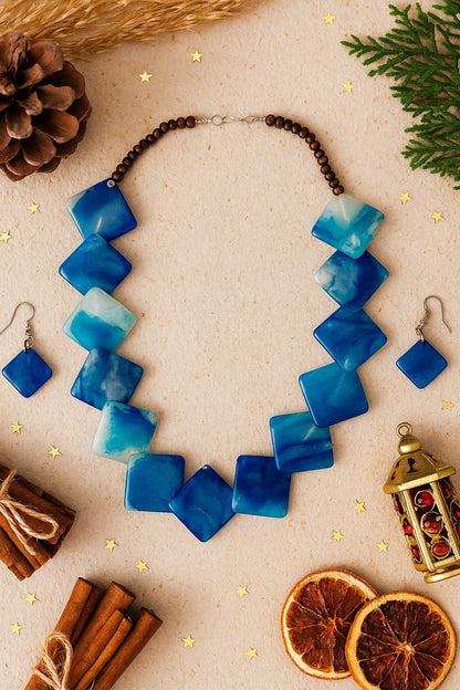 Blue Marble Effect Statement Necklace and Earrings Set, Square Resin Beads with Round Wooden Accents